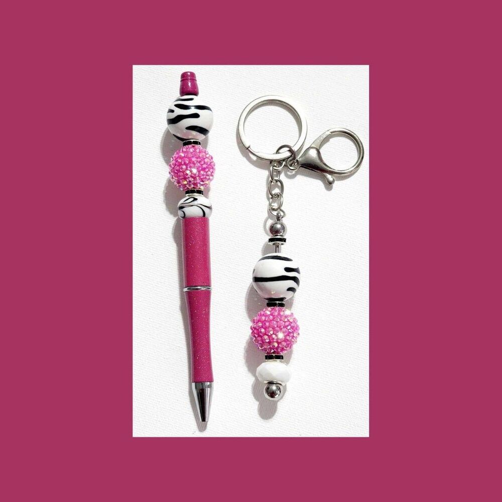 The "Beaded Beauty Pen & Keychain Collection" -Pink/Zebra print